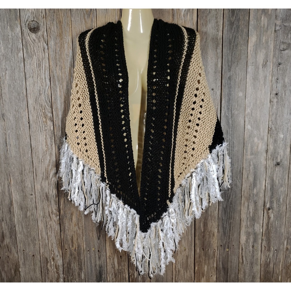 NEW Black Beige Knit Shawl‎ Wrap Boho Indie Artsy Festival Cottage Hippie Chic - Picture 3 of 9